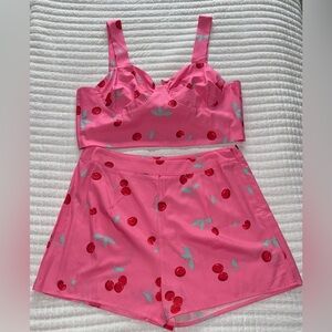 SHEIN Pink Cherry Print High Waist Shorts Set